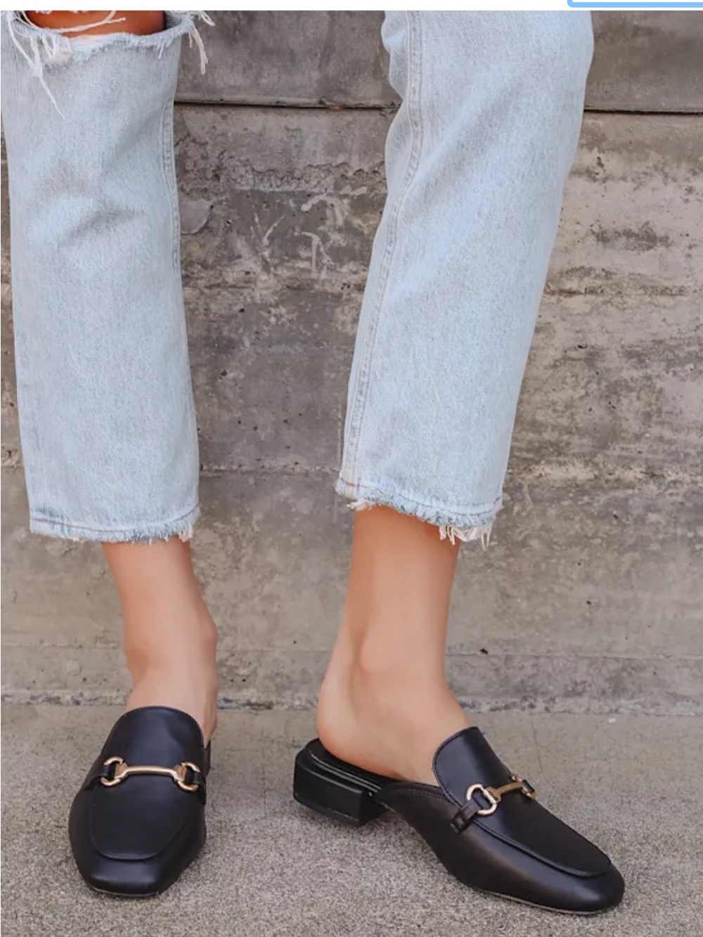 Lulu's Black Leather Backless Mules with Gold Hardware